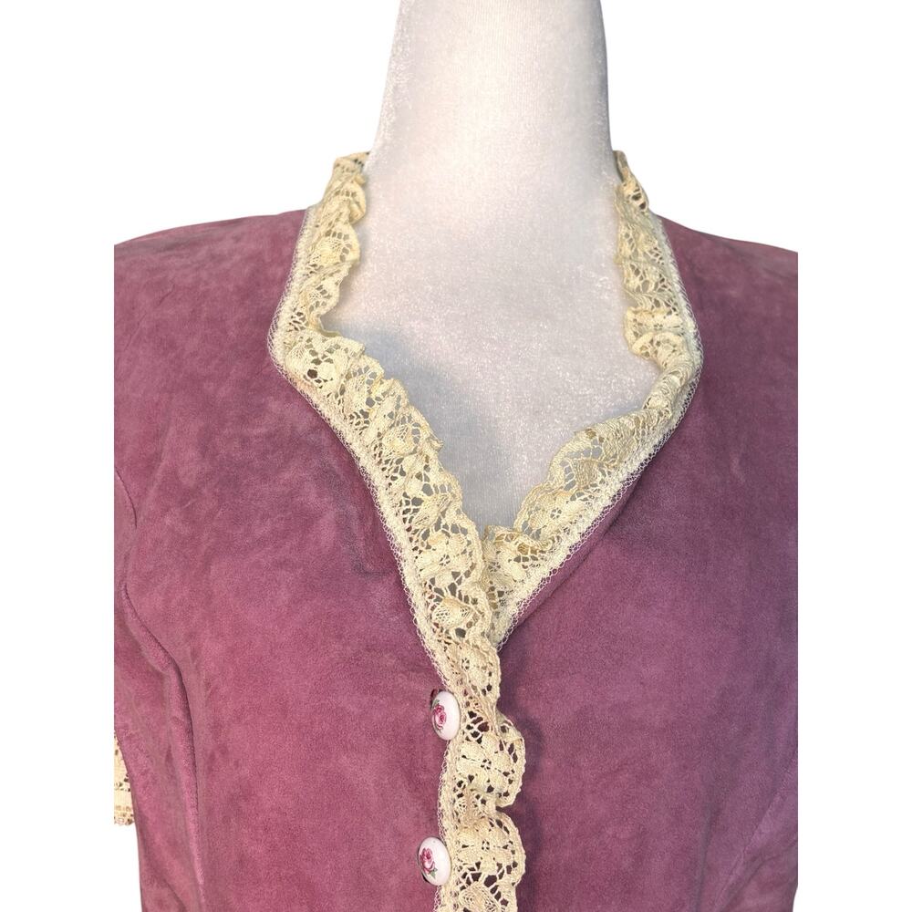 Vintage Pink Suede Lace Trim Western Prairie Blouse Peplum Romantic Leather Top - Picture 2 of 10